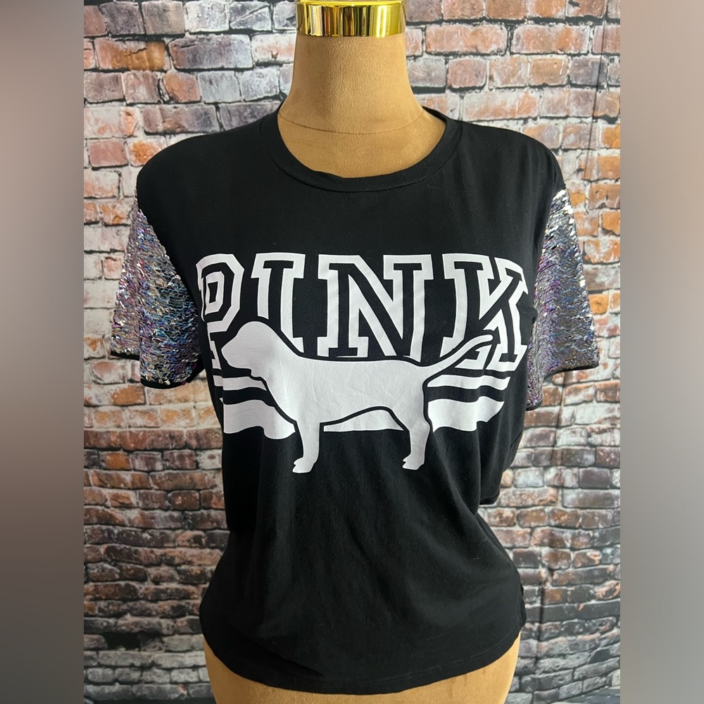 VS Pink Bling Iridescent Campus OVERSIZED Tee Shirt Black Dog RARE!! Small
